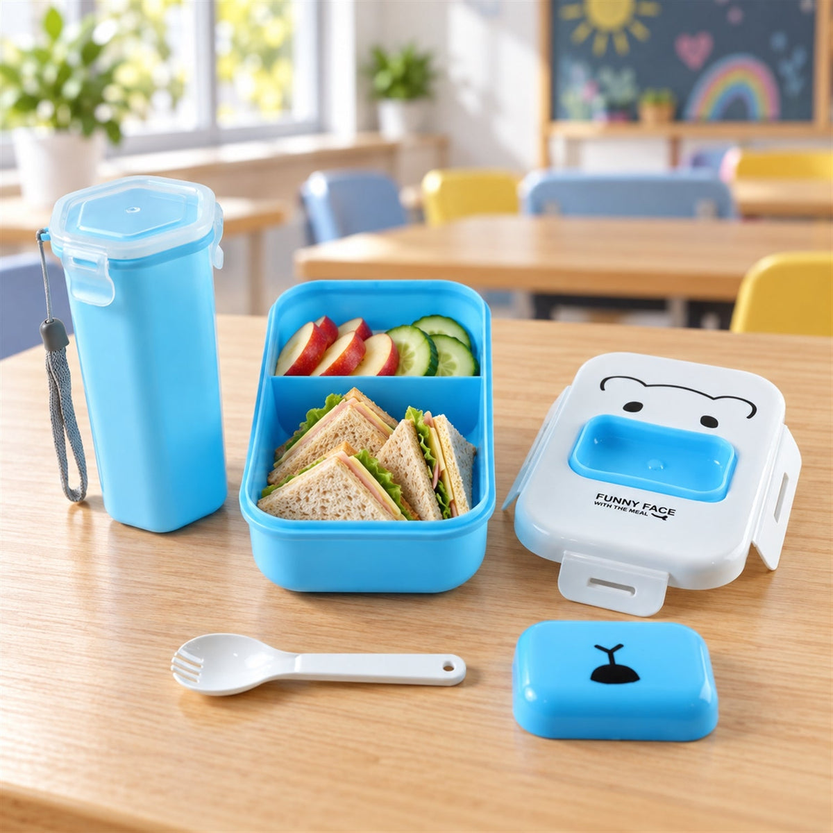 Kids lunch box set by Wukusy with a colorful lunch box, water bottle, and spoon for school tiffin.