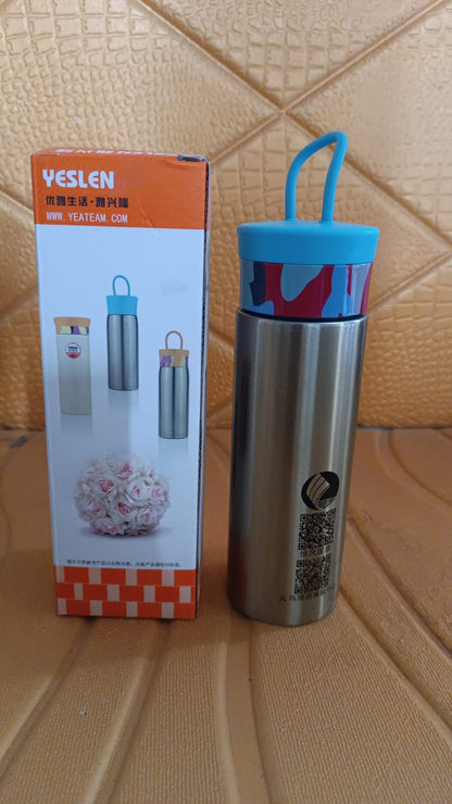Stainless steel double wall water bottle by Wukusy, 300ml, with sleek design and insulated body for hot or cold beverages.