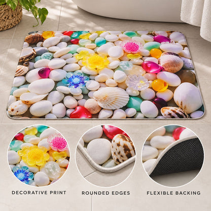 Wukusy 3D pebble stone shower mat with seashell print, water-absorbent rug, 58x38 cm, featuring textured pebble design.
