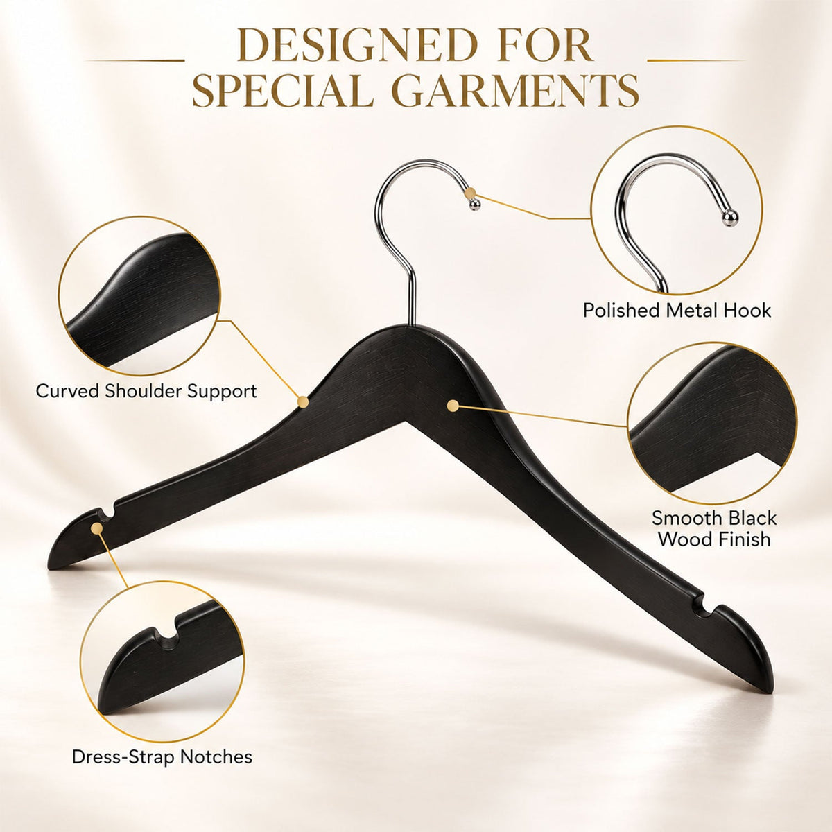 Set of four Wukusy premium clothes hangers with metal hooks for wardrobe storage, featuring sleek design and sturdy construction.