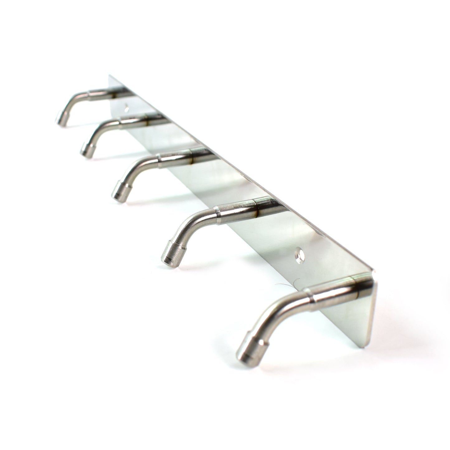 Stainless steel wall-mounted coat rack with five hooks, 26 inches long, ideal for home and kitchen organization.