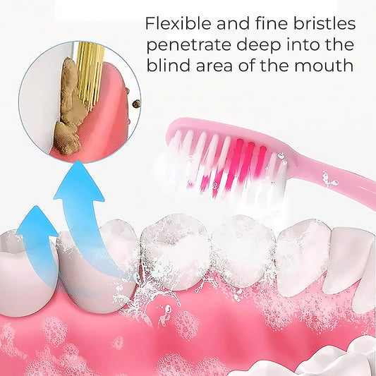 Set of 8 Wukusy 2-in-1 toothbrushes with soft bristles and tongue scraper, featuring long handles for easy oral cleaning.