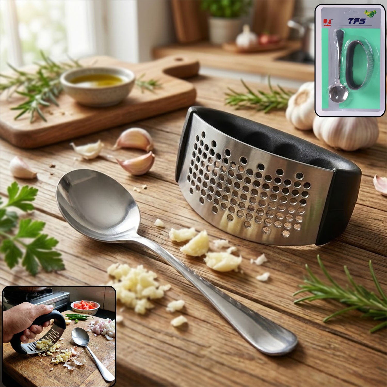 Heavy-duty Garlic Press Tool With Spoon Set (2 Pc Set)