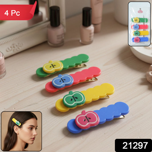 Set of four Wukusy cute apple design hair clips, colorful and playful accessories for children's hair styling.