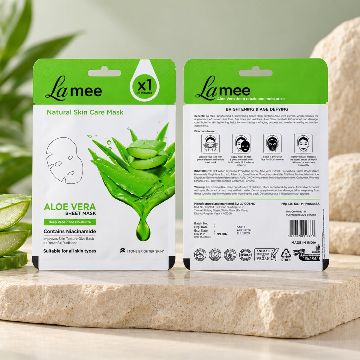 Wukusy Aloe Vera facial sheet mask with niacinamide for moisturizing and skin rejuvenation, shown on a white background.