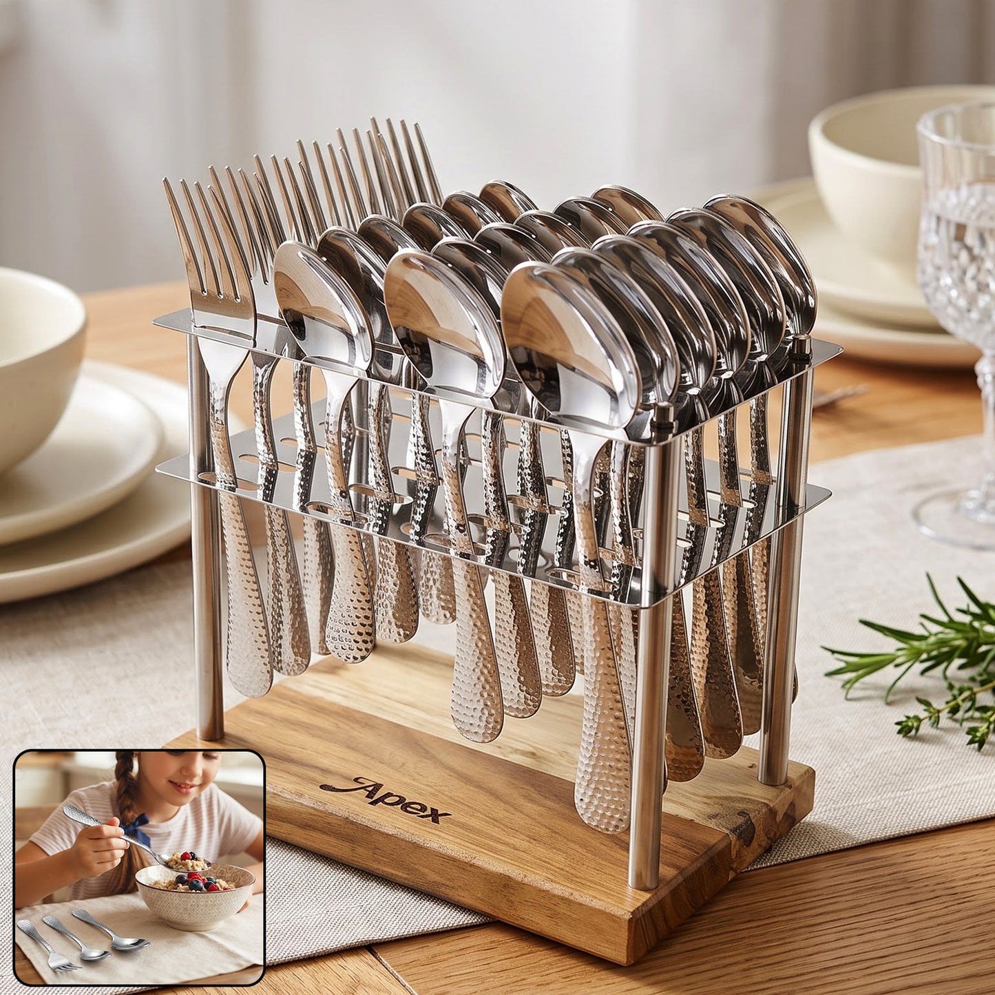 Apex Stainless Steel Cutlery Set 24 Pc With Wooden Stand Hammered (24 Pc)