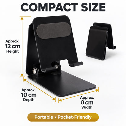 Wukusy foldable metal mobile phone stand with adjustable angle, suitable for desk use, shown with a smartphone in the image.