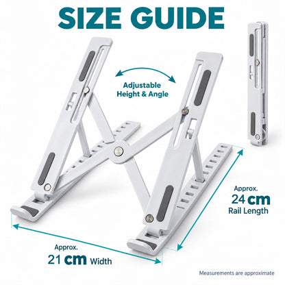 Wukusy portable foldable laptop stand with adjustable height and angle, shown holding a laptop for ergonomic workspace support