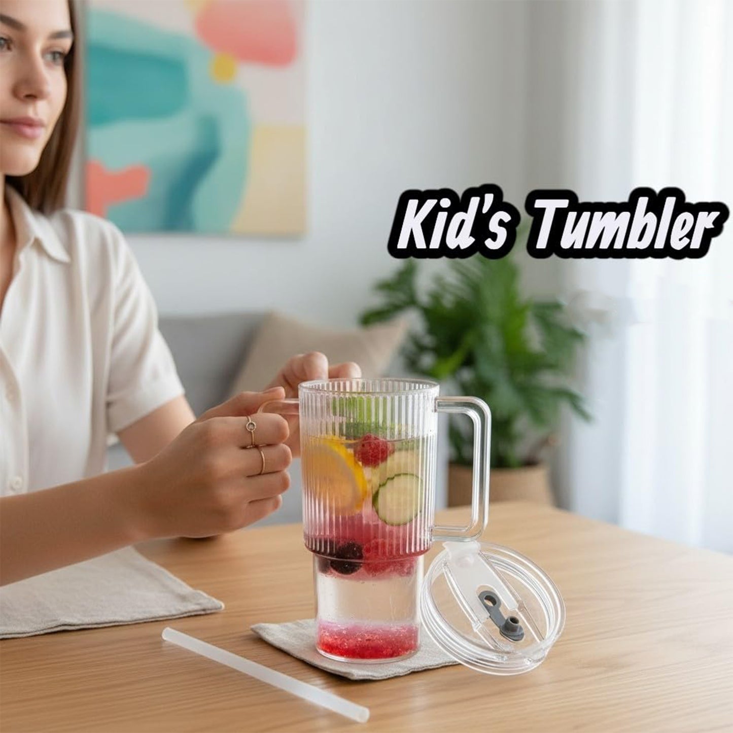 Wukusy Kids 900ml ribbed water sipper cup with handle, lid, and straw, designed for children, shown with the cup and straw in image.