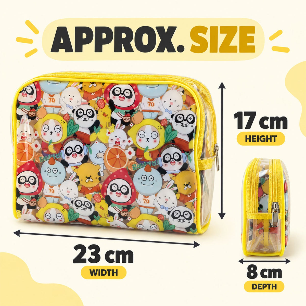 Wukusy multipurpose PVC cosmetic pouch with cartoon print and zip sections, ideal for travel storage and organization.