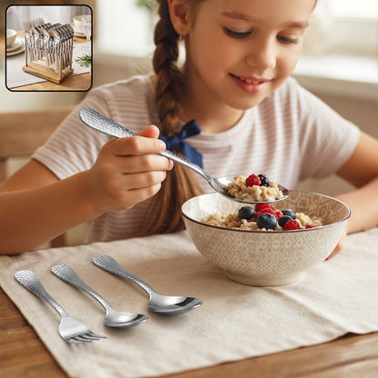 Apex Stainless Steel Cutlery Set 24 Pc With Wooden Stand Hammered (24 Pc)