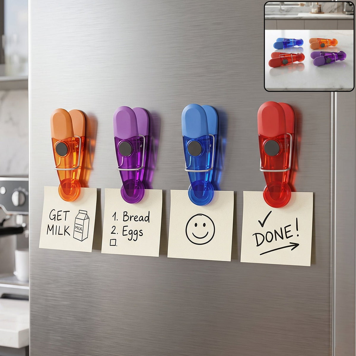 Colourful Plastic Magnetic Clips For Fridge Notes Photos And Papers (4 Pc Set)