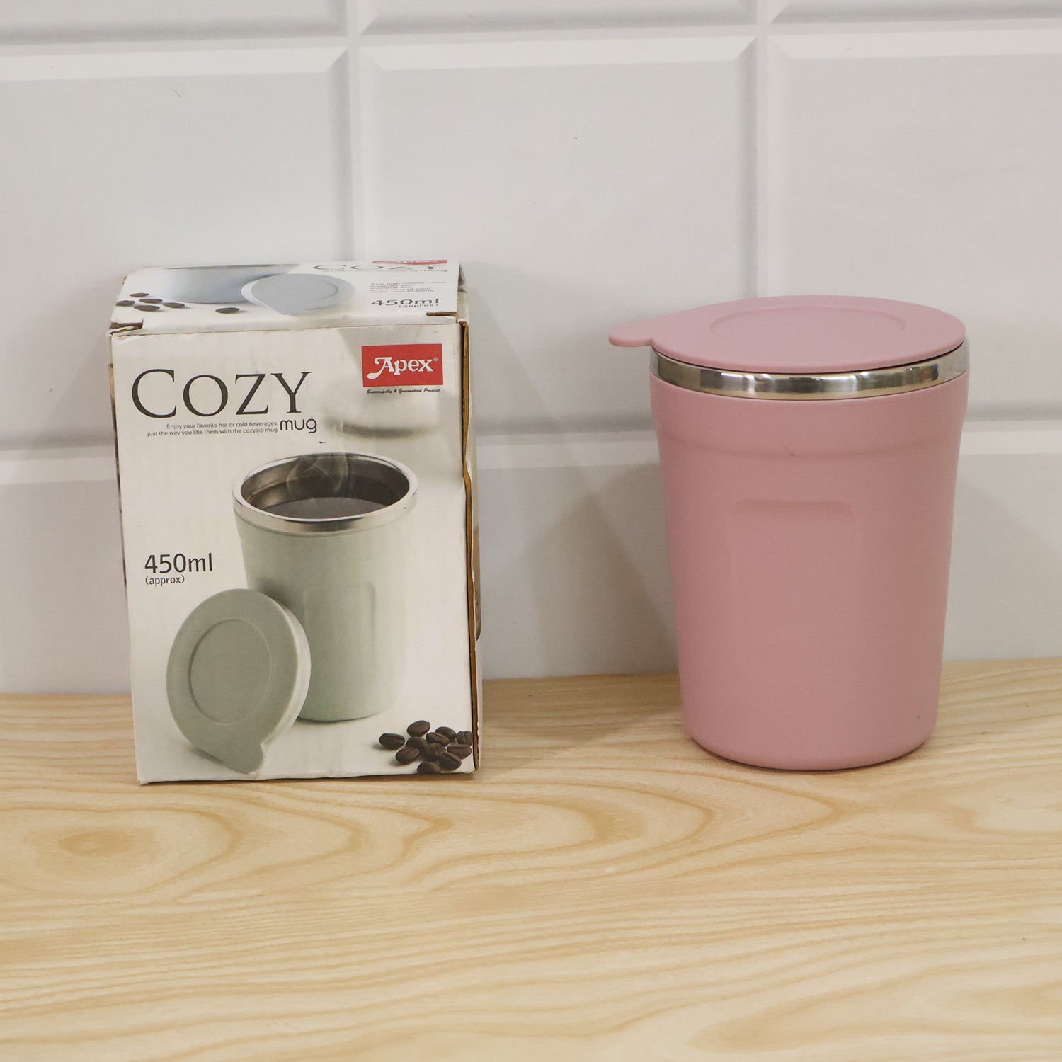 Apex Cozy Coffee Mug 450 Ml With Lid And Steel Rim For Desk Use (1 Pc)