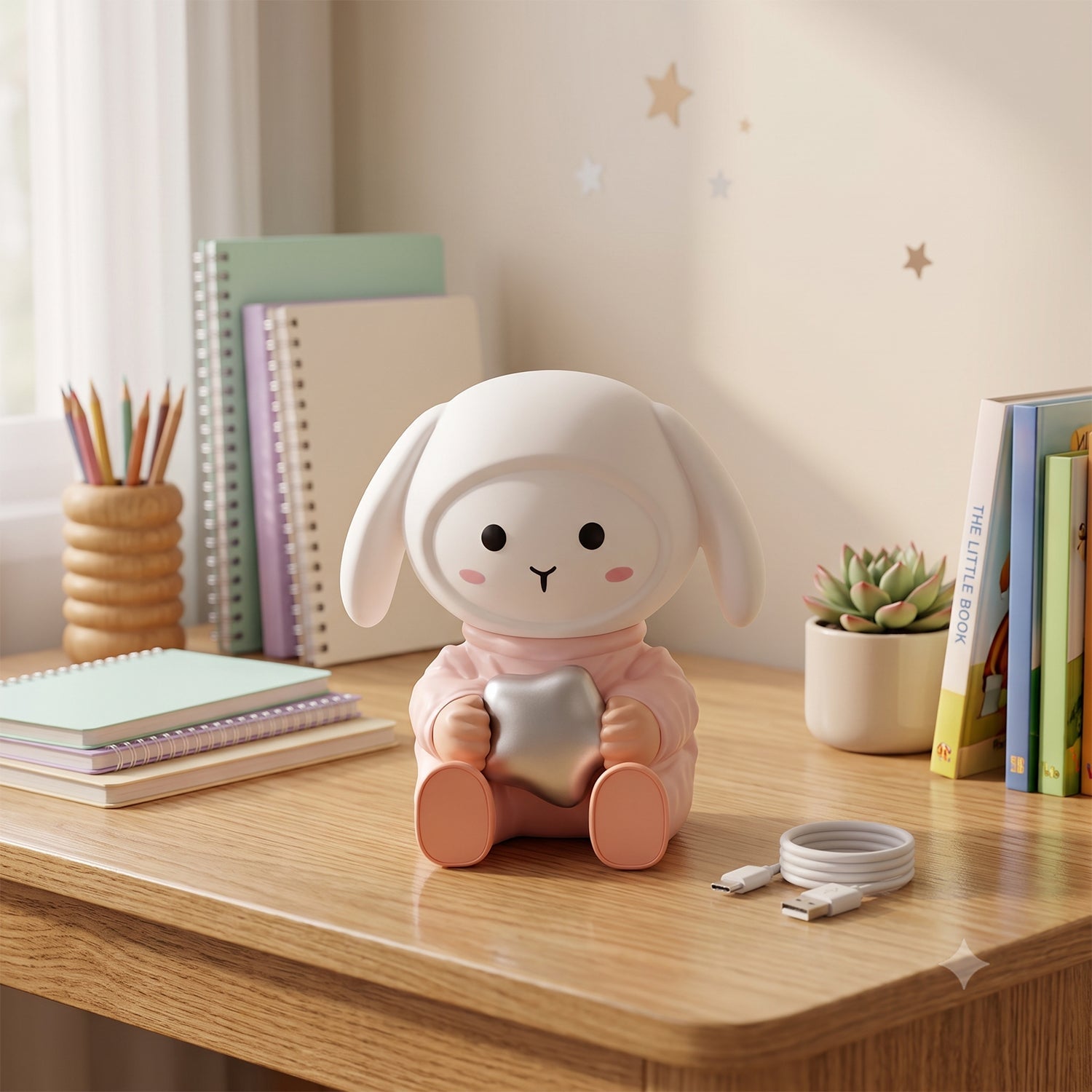 Wukusy rabbit LED night light with mobile phone stand on a bedroom table, soft glow and playful design for kids' room.