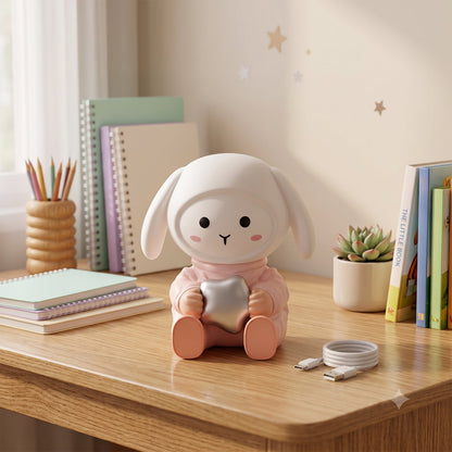 Wukusy rabbit LED night light with mobile phone stand on a bedroom table, soft glow and playful design for kids' room.