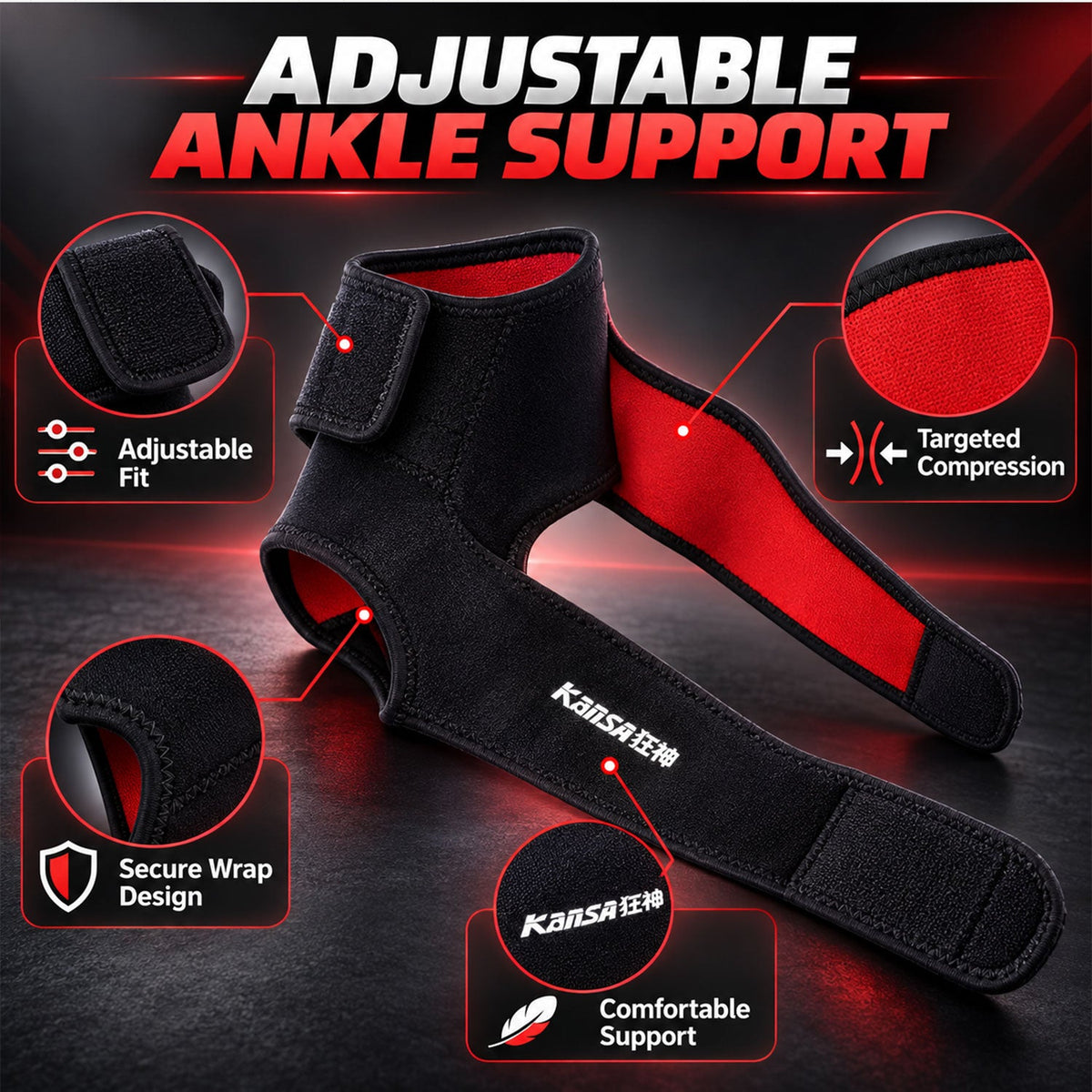 Wukusy adjustable ankle support brace with wrap strap for daily comfort, shown on a person’s ankle in a natural pose.