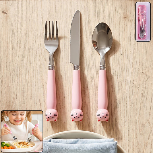 Kids stainless steel cutlery set with fork, knife, and spoon in a case, by Wukusy, ideal for children’s meals.