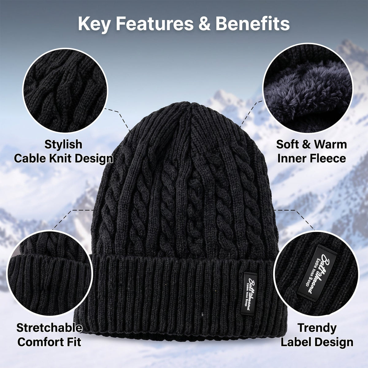 Wukusy winter cable knit beanie cap with fleece lining and folded ribbed cuff, showing the cozy knit texture and snug fit.