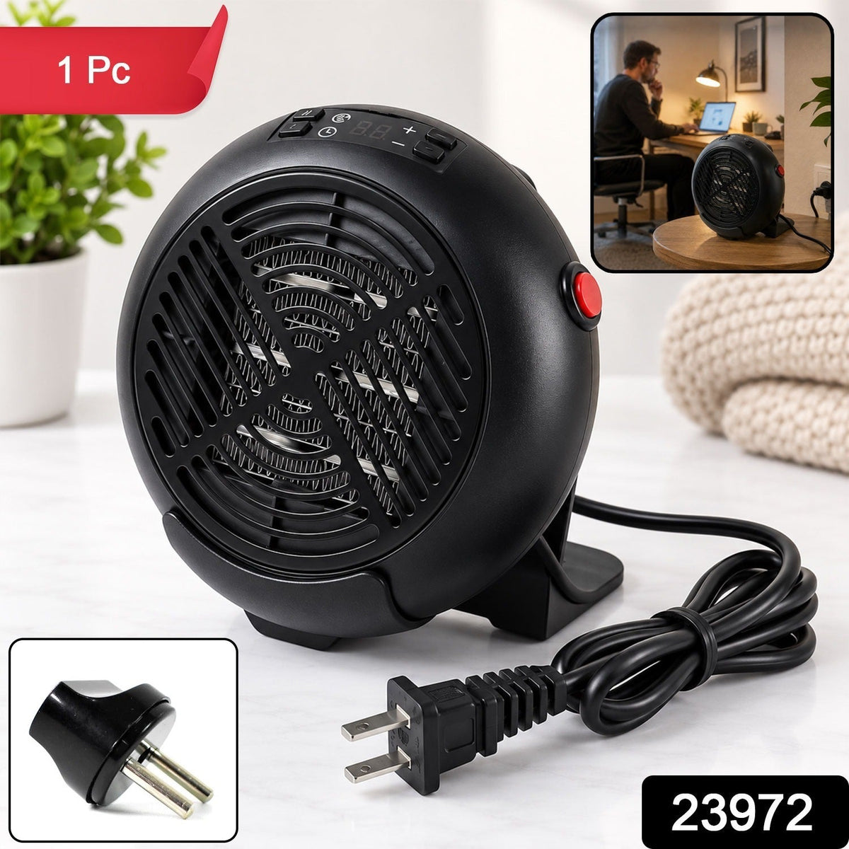 Wukusy compact electric room heater with adjustable temperature and timer controls, featuring a 2-pin plug and safety grille.