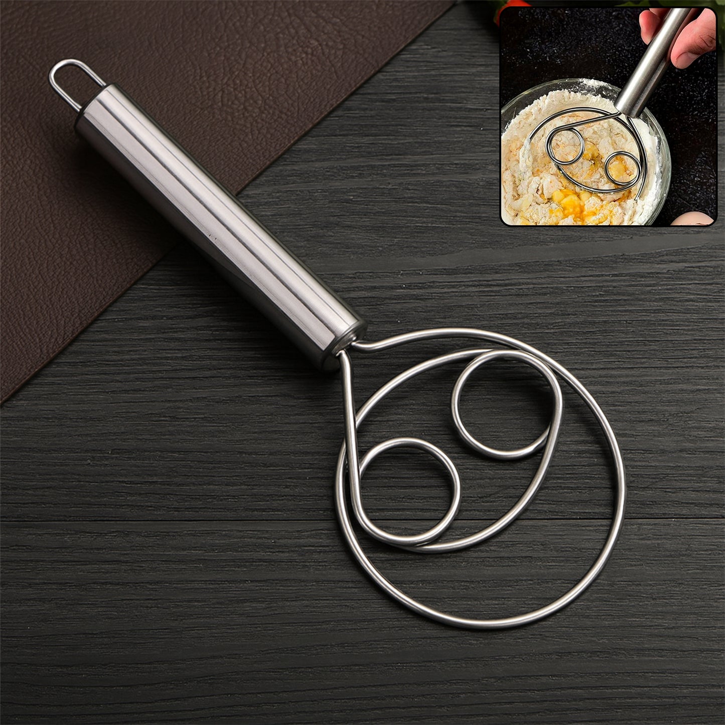 Stainless steel Danish dough whisk by Wukusy, large size, with a sturdy handle and wire loop for mixing dough in home baking.