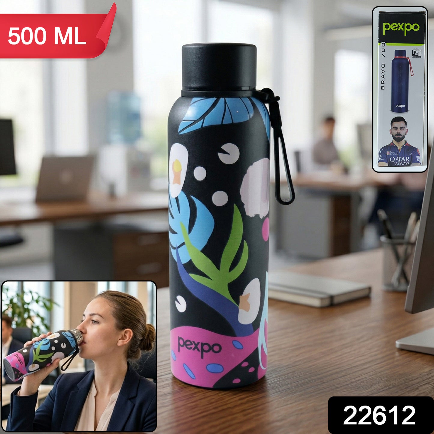 Pexpo Stainless Steel Printed Water Bottle 800 Ml Approx (1 Pc)