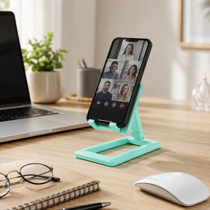 Wukusy foldable plastic mobile phone holder stand on a desk, adjustable for office use, showing a smartphone in portrait orientation.