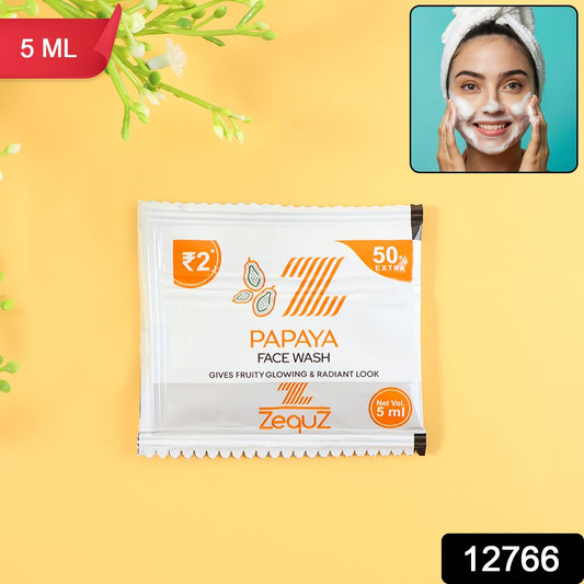 Wukusy Zequz Papaya Face Wash Sachet, 5ml single-use packet, showing the bright packaging and product label.