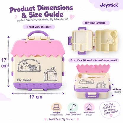 House-shaped plastic kids lunch box with handle, spoon, and fork from Wukusy, measuring 17x17x6.5 cm, designed for children.