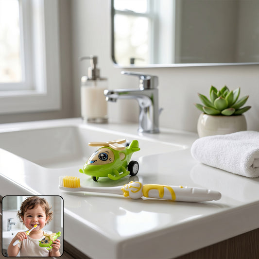 Two Wukusy 2-in-1 kids toothbrushes with fun helicopter toys, featuring colorful handles and playful design for children.