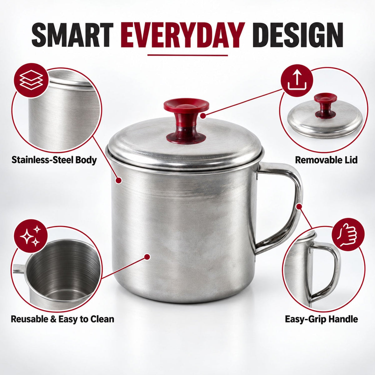 Wukusy stainless steel tea and coffee mug with handle and lid, sleek silver design, suitable for hot beverages, 1 piece