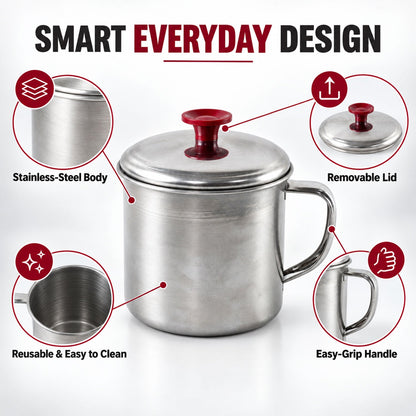 Wukusy stainless steel tea and coffee mug with handle and lid, sleek silver design, suitable for hot beverages, 1 piece