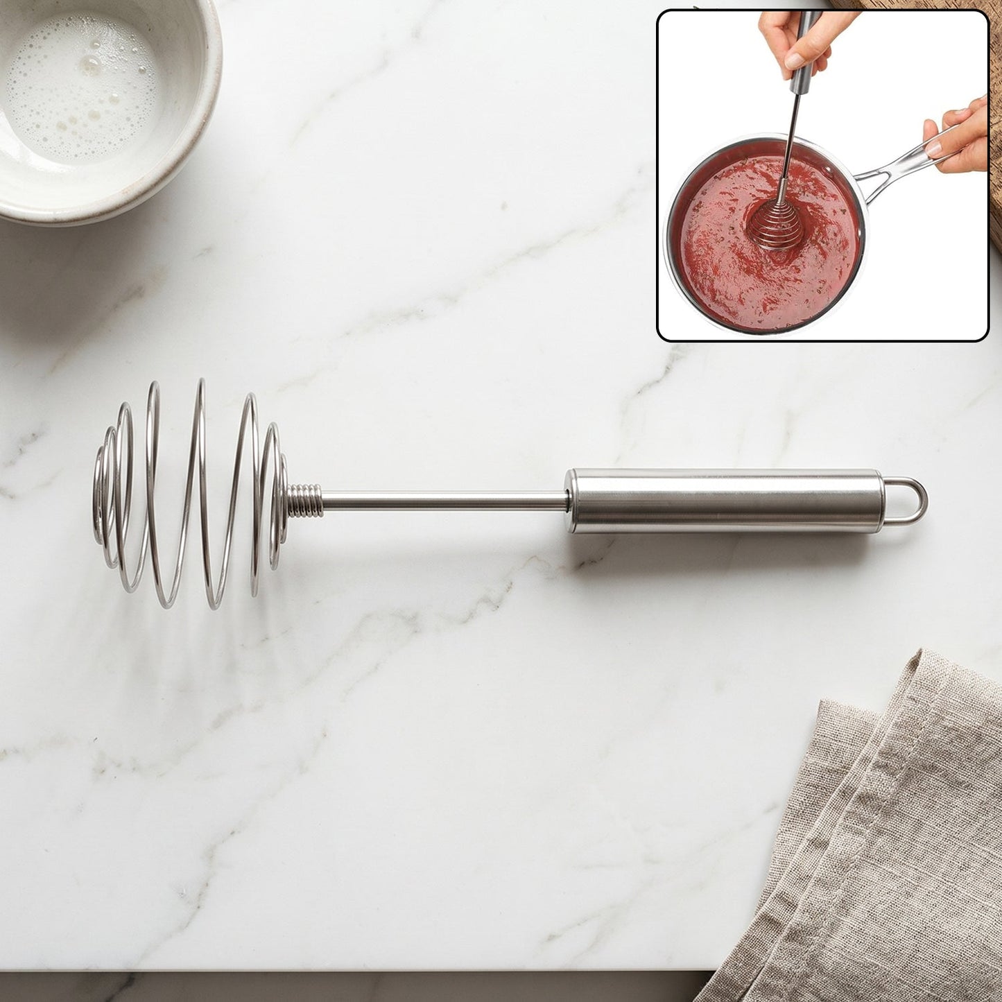 Wukusy stainless steel large round spring whisk egg beater for kitchen cooking, with metal handle and multiple wire loops.