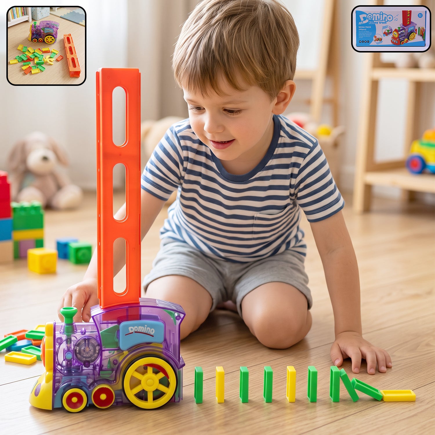 Wukusy automatic domino laying train engine toy with lights and music, designed for kids, showing the colorful train with moving parts.