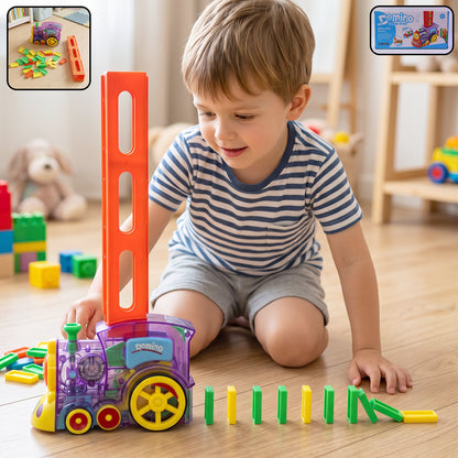 Wukusy automatic domino laying train engine toy with lights and music, designed for kids, showing the colorful train with moving parts.