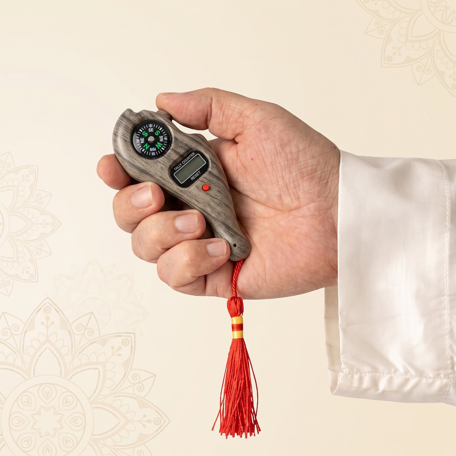 Wooden digital Tasbih counter with LCD display, handheld mantra jaap counter, featuring built-in compass, by Wukusy.