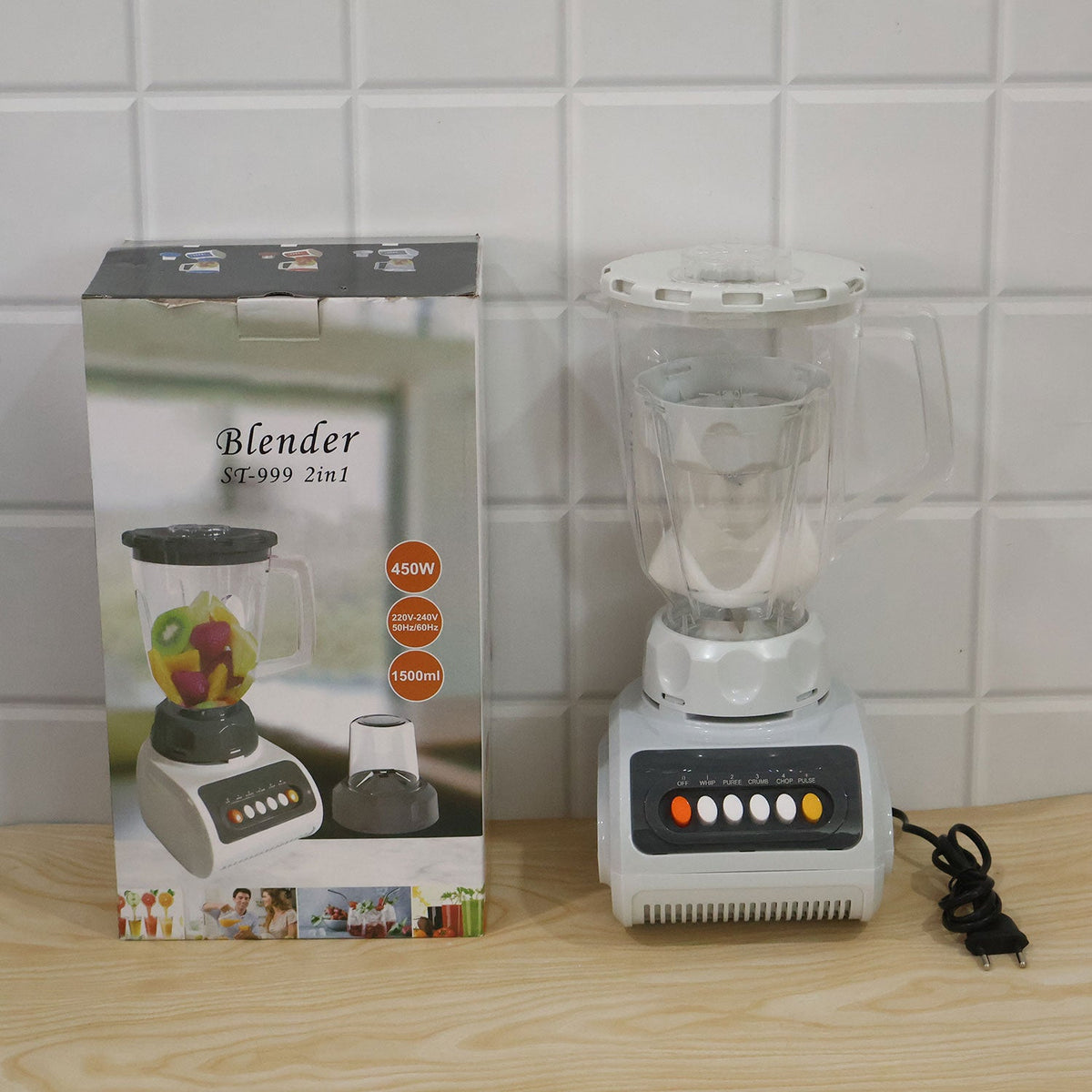 Wukusy electric mixer grinder and blender for smoothies and kitchen prep, showing the sleek black appliance with blades and jar.