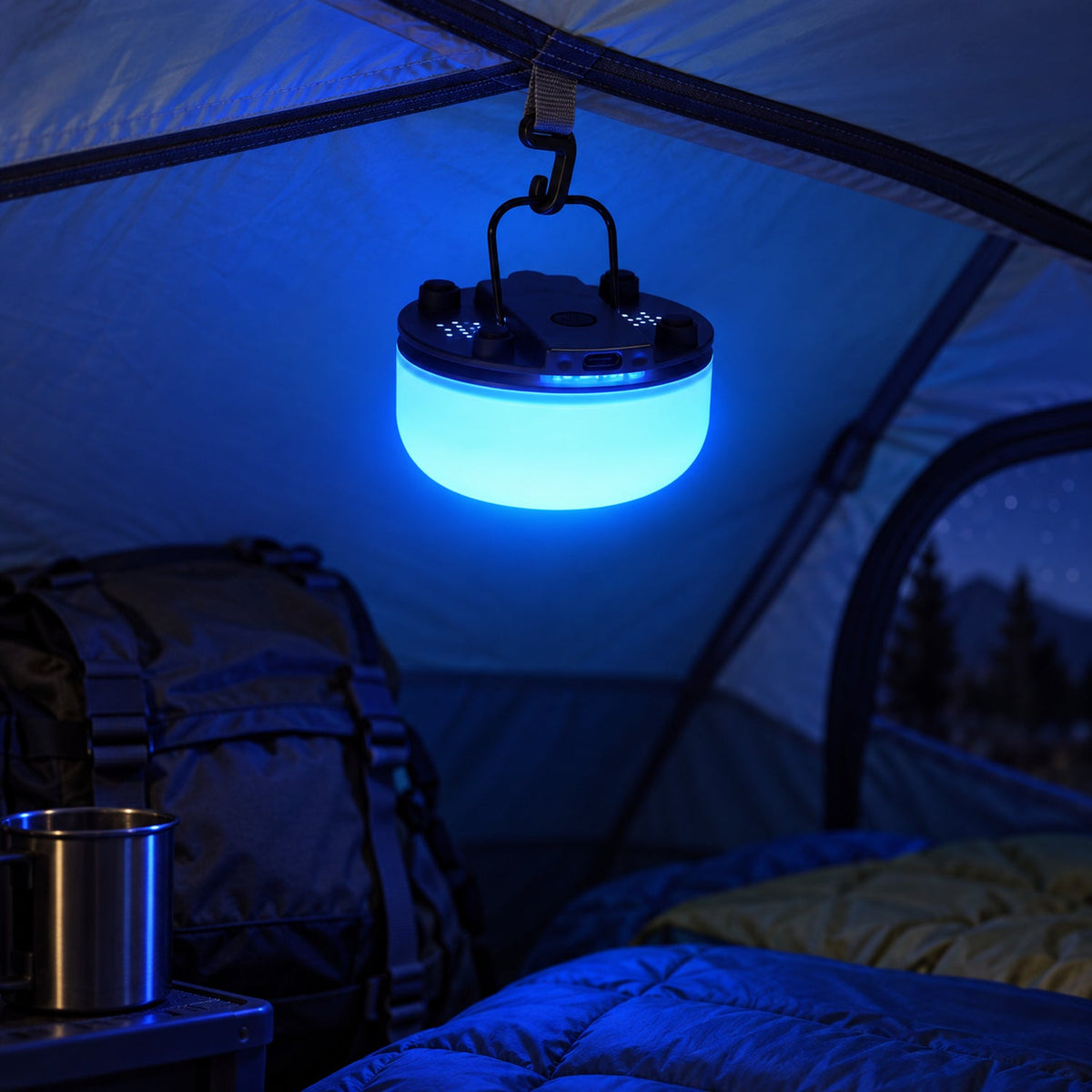 Wukusy portable LED night light with USB charging, hanging handle, and 7 color options, illuminated in a cozy setting.