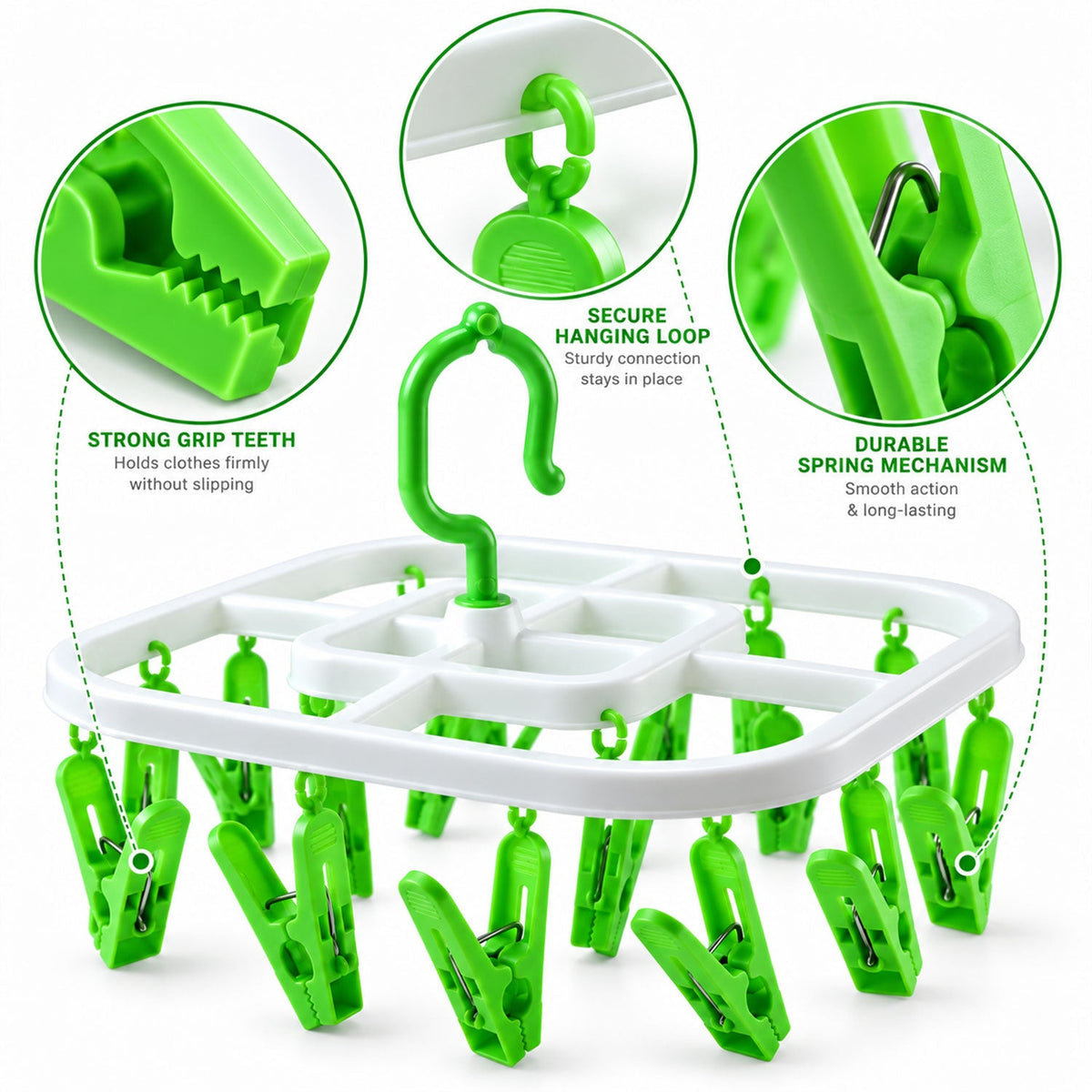 Wukusy plastic clip hanger drying rack with detachable hook for socks and small clothes, showing the compact and practical design.