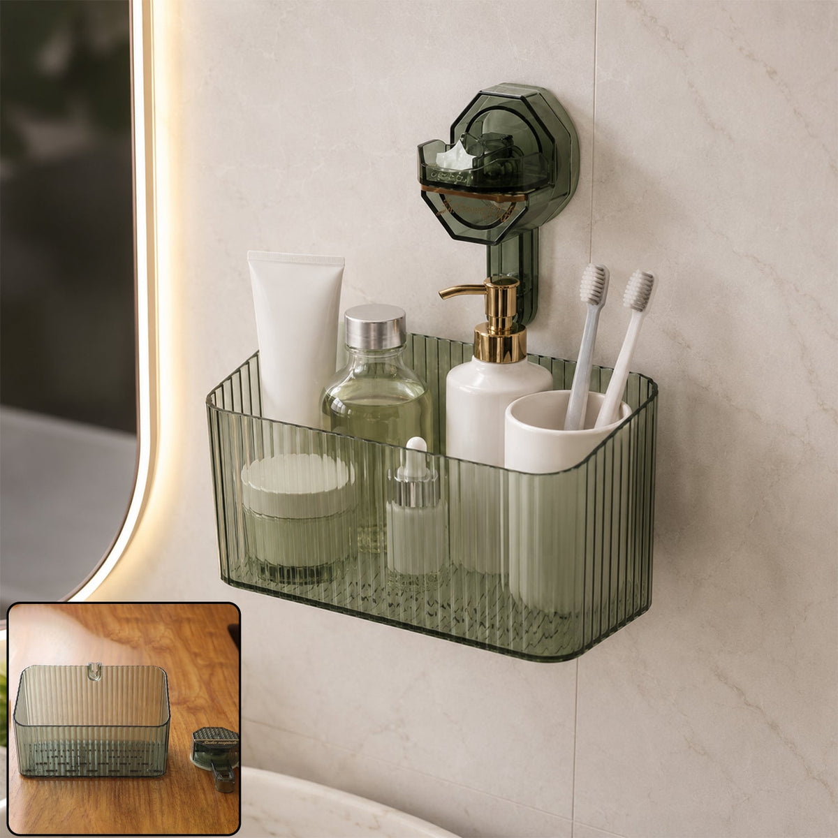 Transparent wall-mounted storage box by Wukusy for bathroom and kitchen, showing open design with multiple compartments.