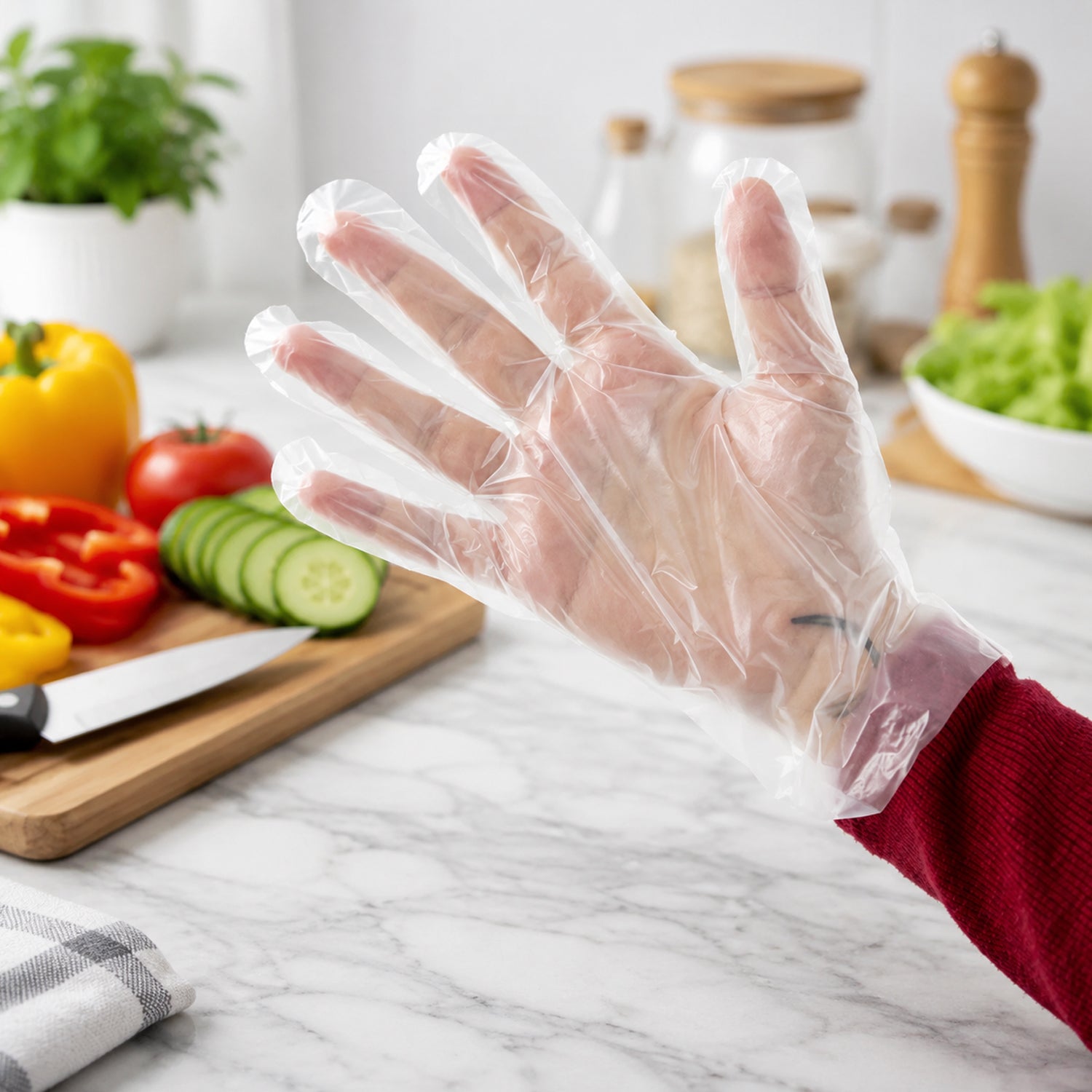 Pair of white disposable kitchen gloves by Wukusy, designed for household and food handling, with textured fingertips for grip.