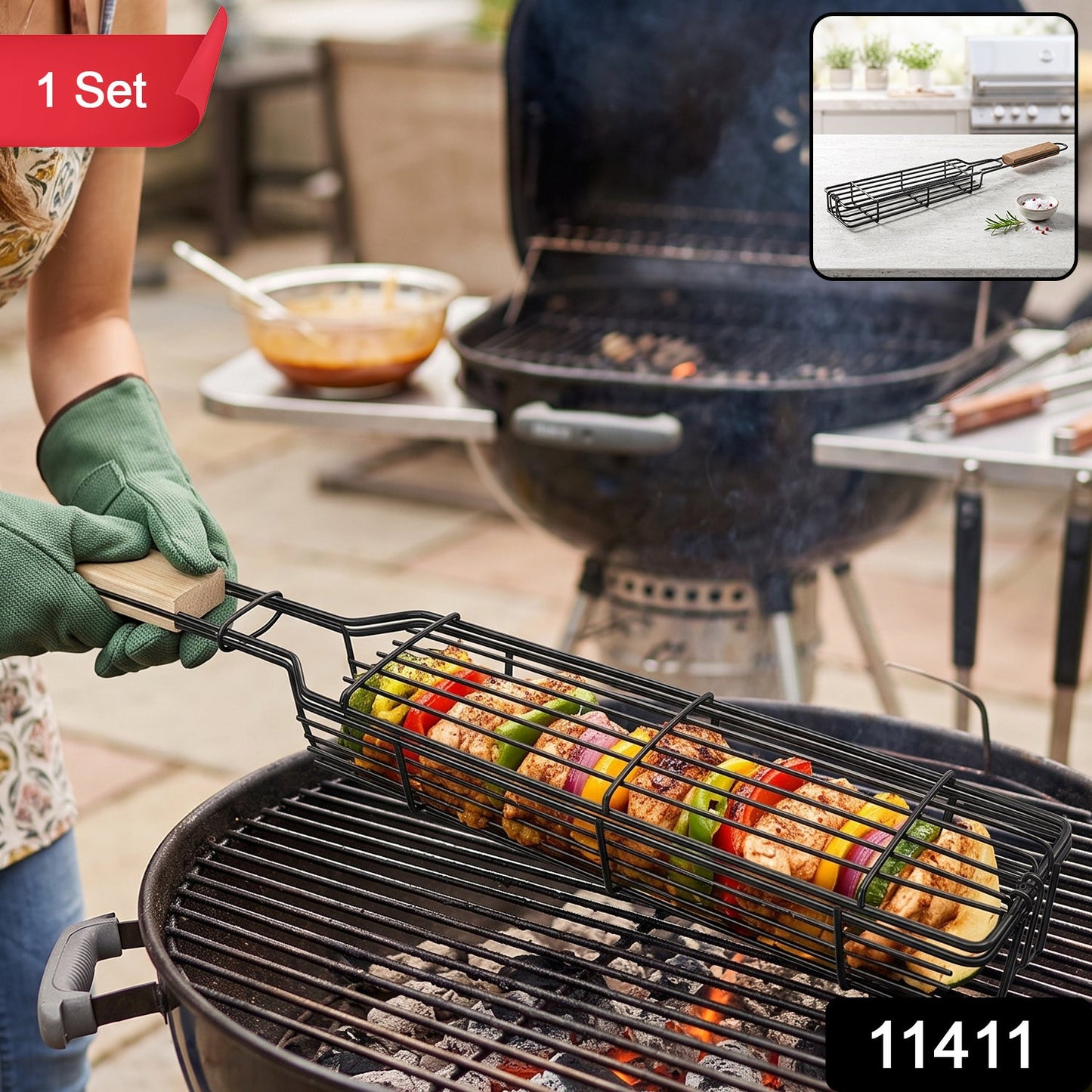 Metal Barbecue Grill Basket With Wooden Handle For Bbq Kebab Veggies (1 Set)