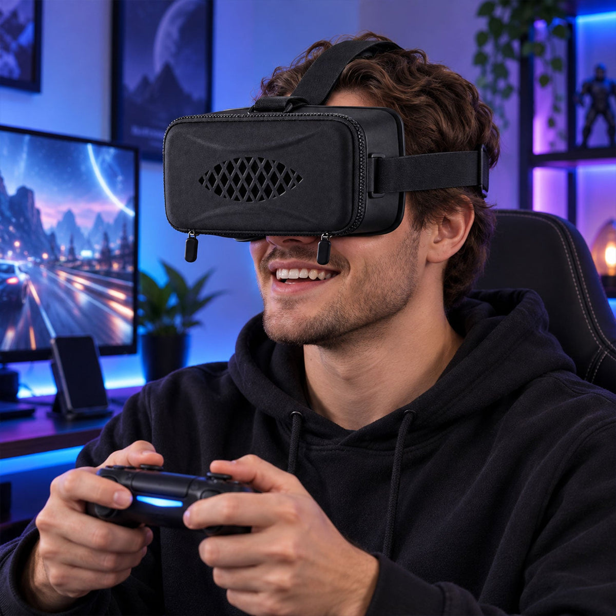 Wukusy 3D virtual reality smartphone headset with focus control and belt, designed for immersive VR experiences.