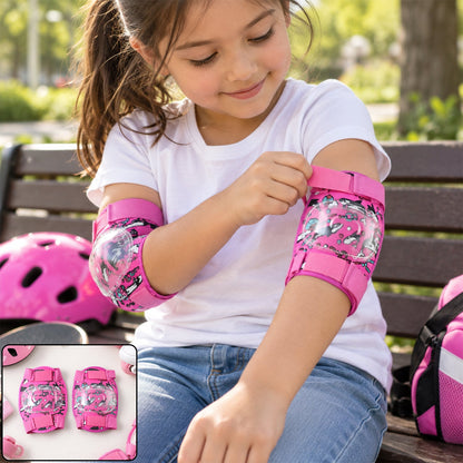 Pair of Wukusy adjustable kids elbow protection pads for cycling, skating, and scooter play, showing padded, colorful protectors.