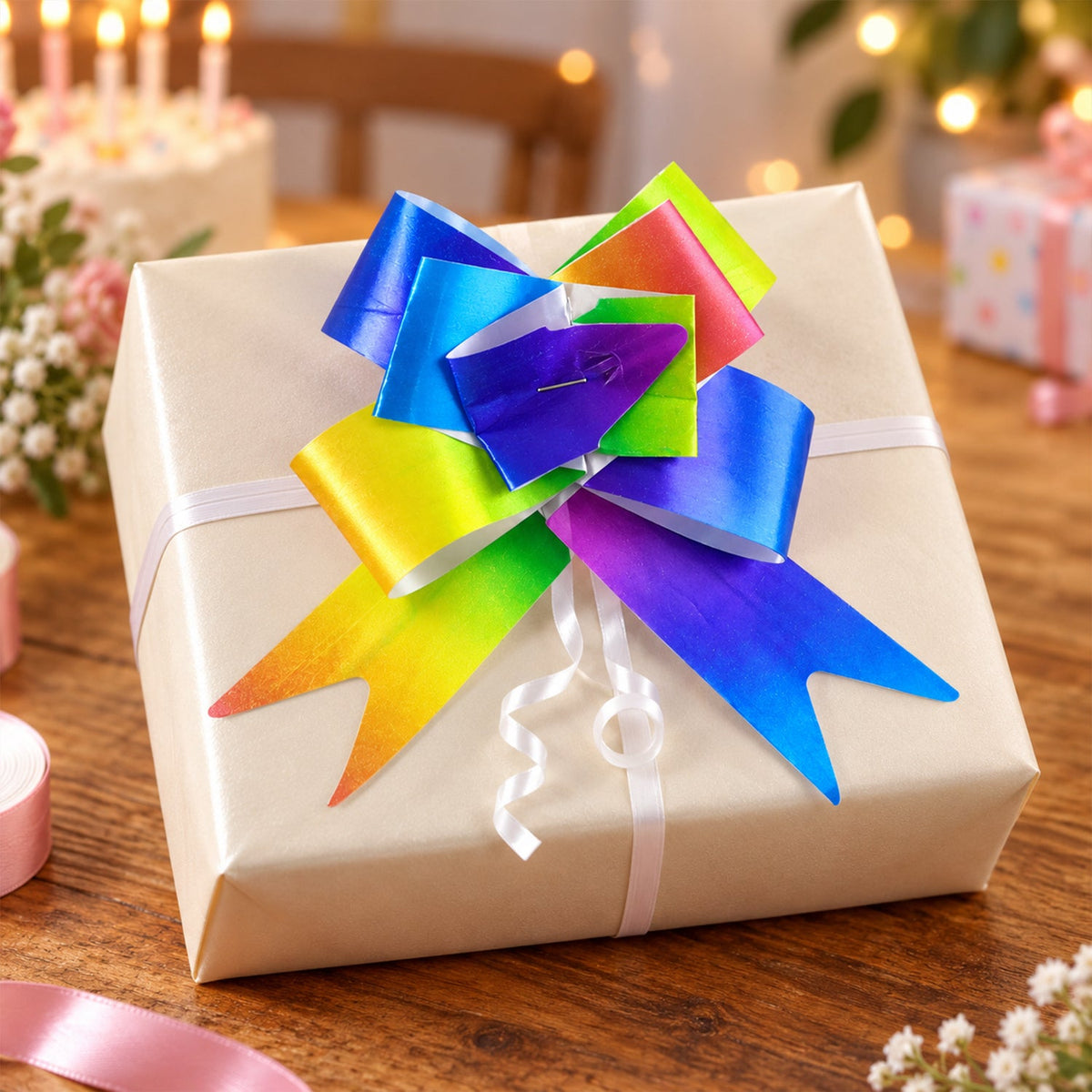 Colorful pull bow ribbons for gift wrapping, bouquets, and hampers by Wukusy, showing vibrant, tied bows on a white background.
