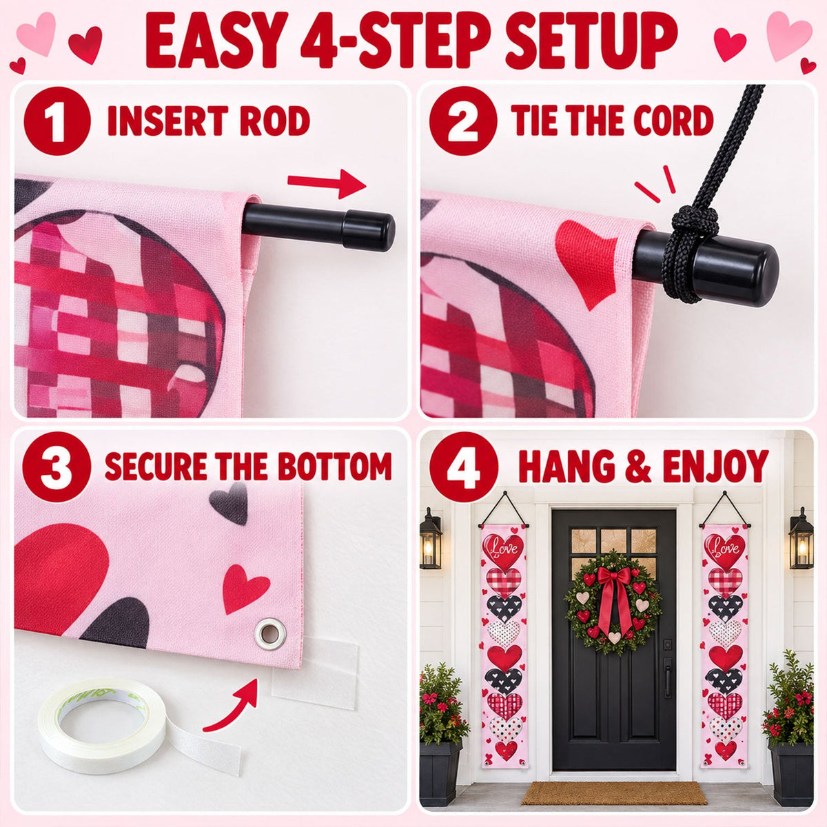 Pair of love heart printed door hanging backdrop curtains from Wukusy, 180x30 cm, featuring romantic heart designs for home decor.