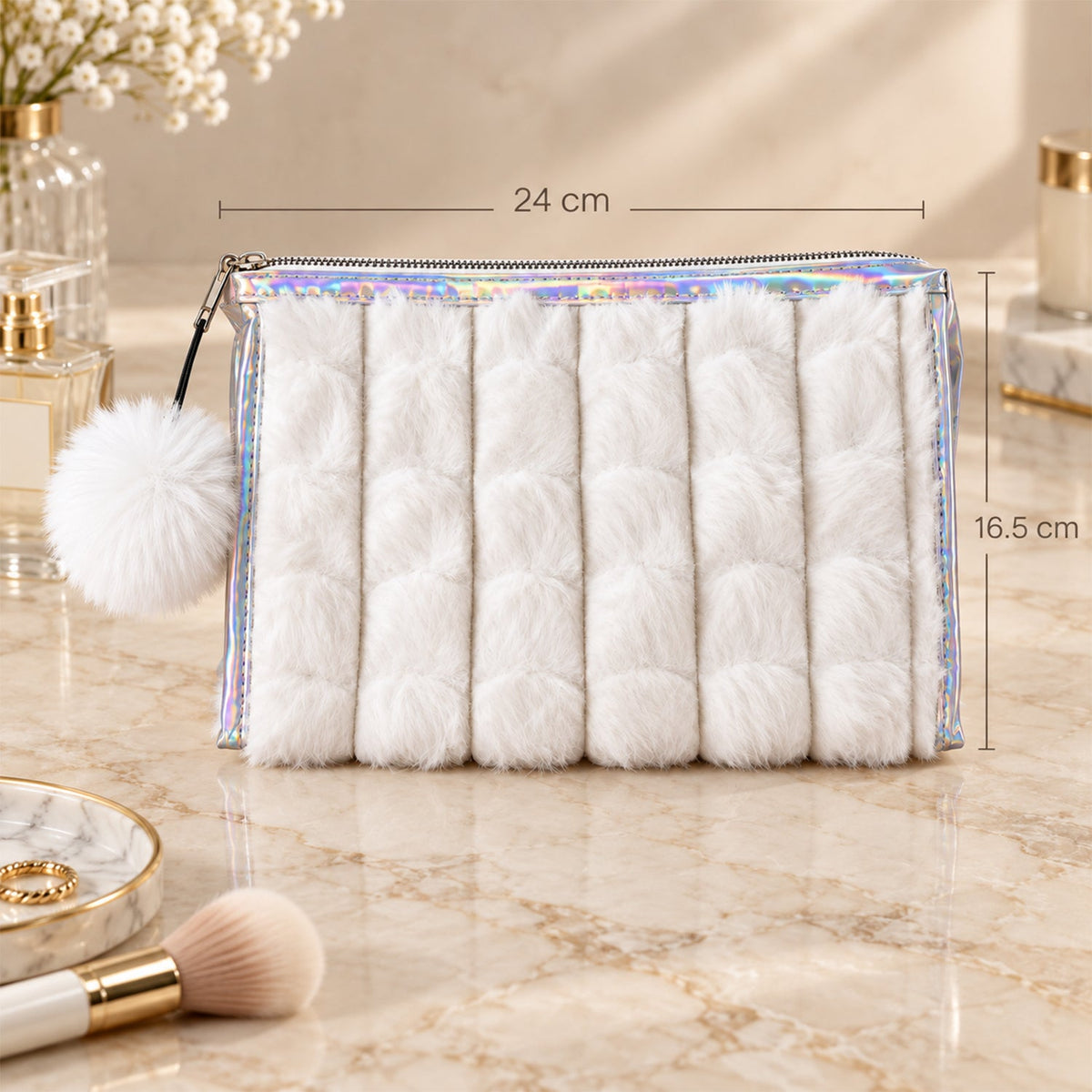 Wukusy plush makeup zipper pouch with pom-pom charm, 24x16 cm, ideal for travel and storage of cosmetics and small essentials.