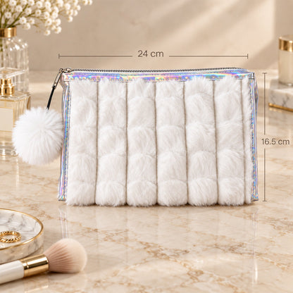 Wukusy plush makeup zipper pouch with pom-pom charm, 24x16 cm, ideal for travel and storage of cosmetics and small essentials.