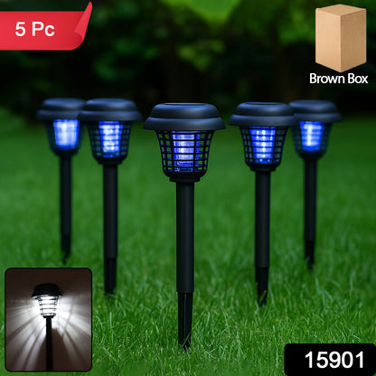 Set of five Wukusy solar-powered mosquito killer garden lights with UV traps and outdoor weatherproof design in a garden setting