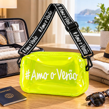 Wukusy transparent PVC crossbody bag with adjustable strap and zipper, measuring 20x11 cm, shown with open zipper and strap detail.