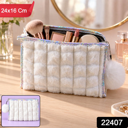 Wukusy plush makeup zipper pouch with pom-pom charm, 24x16 cm, ideal for travel and storage of cosmetics and accessories.